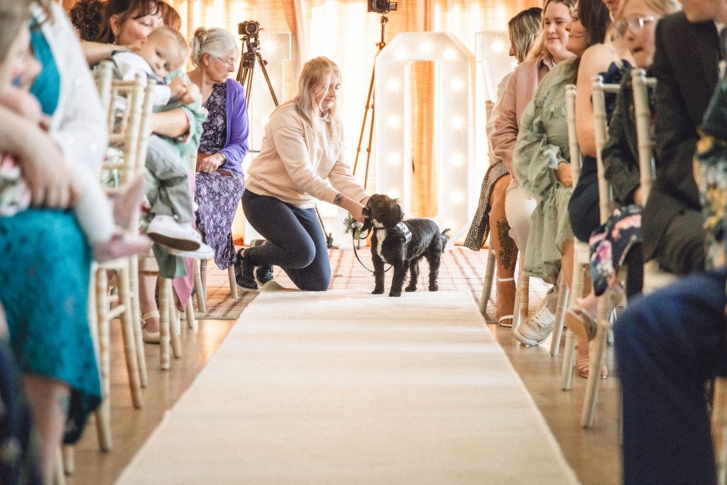 A Waggy Weddings professional handler gently guiding a small black dog down the aisle, demonstrating one of the best ways to include your dog in your wedding.