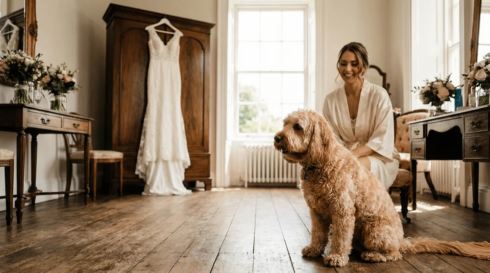 A smiling bride in a robe getting ready in a bridal suite while her calm Cockapoo dog sits patiently beside her, a great way to include your dog in your wedding morning.